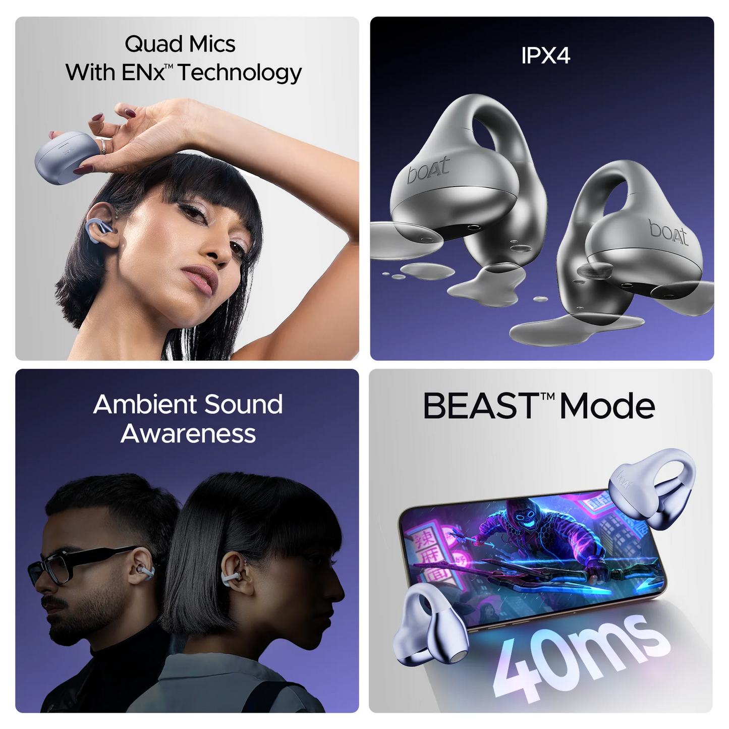 boAt Airdopes Loop OWS Earbuds w/Clip-On Fit, Air Conduction Tech, 50HRS Battery, 4Mics ENx, Dual EQ Modes, 12mm Drivers, 40ms Latency,ASAP Charge,OWS Ear Buds Earphones