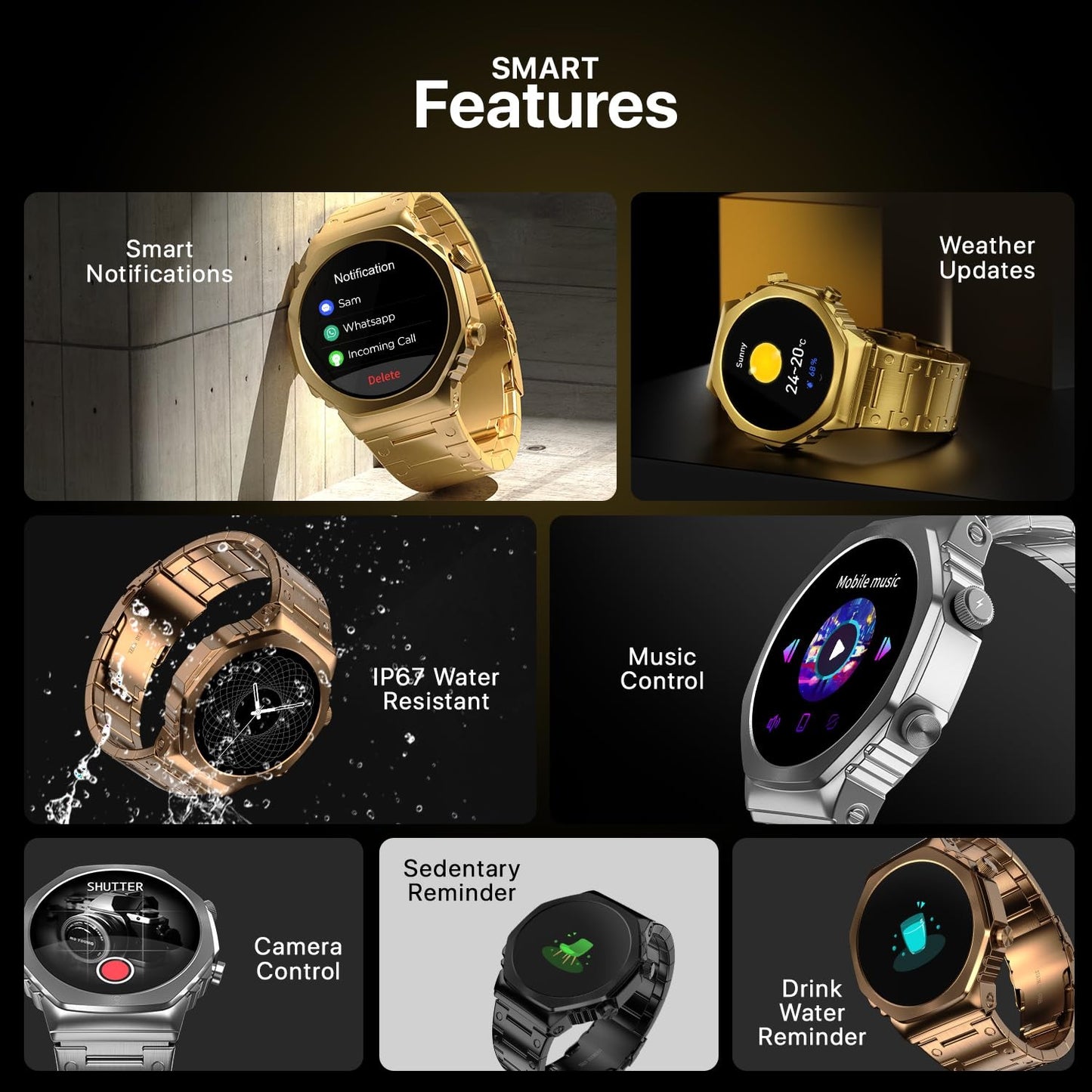 Fire-Boltt Onyx- 36.3mm AMOLED Always On Display Smart Watch, 466 * 466 High Resolution, Bluetooth Calling, Steel Design, IP67, 4GB Storage, 300+ Sports Modes, 130+ Watch Faces