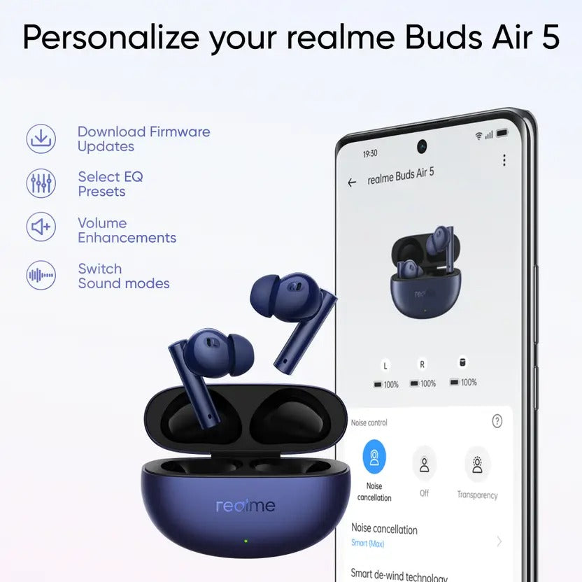 Realme Buds Air 5 with 50dB ANC, 12.4mm Dynamic Bass Driver and upto 38 hours Playback Bluetooth (Deep Sea Blue, True Wireless)