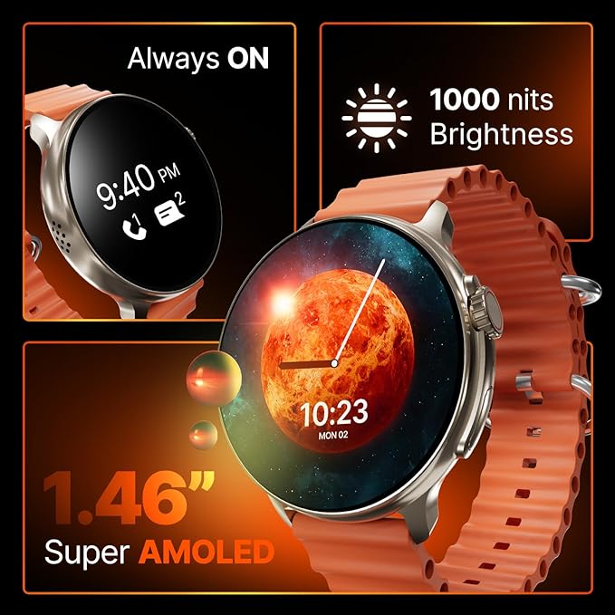 CrossBeats Aura Round 1.46″ Super AMOLED Smart Watch, Always On, Advanced AI ENC Bluetooth Calling