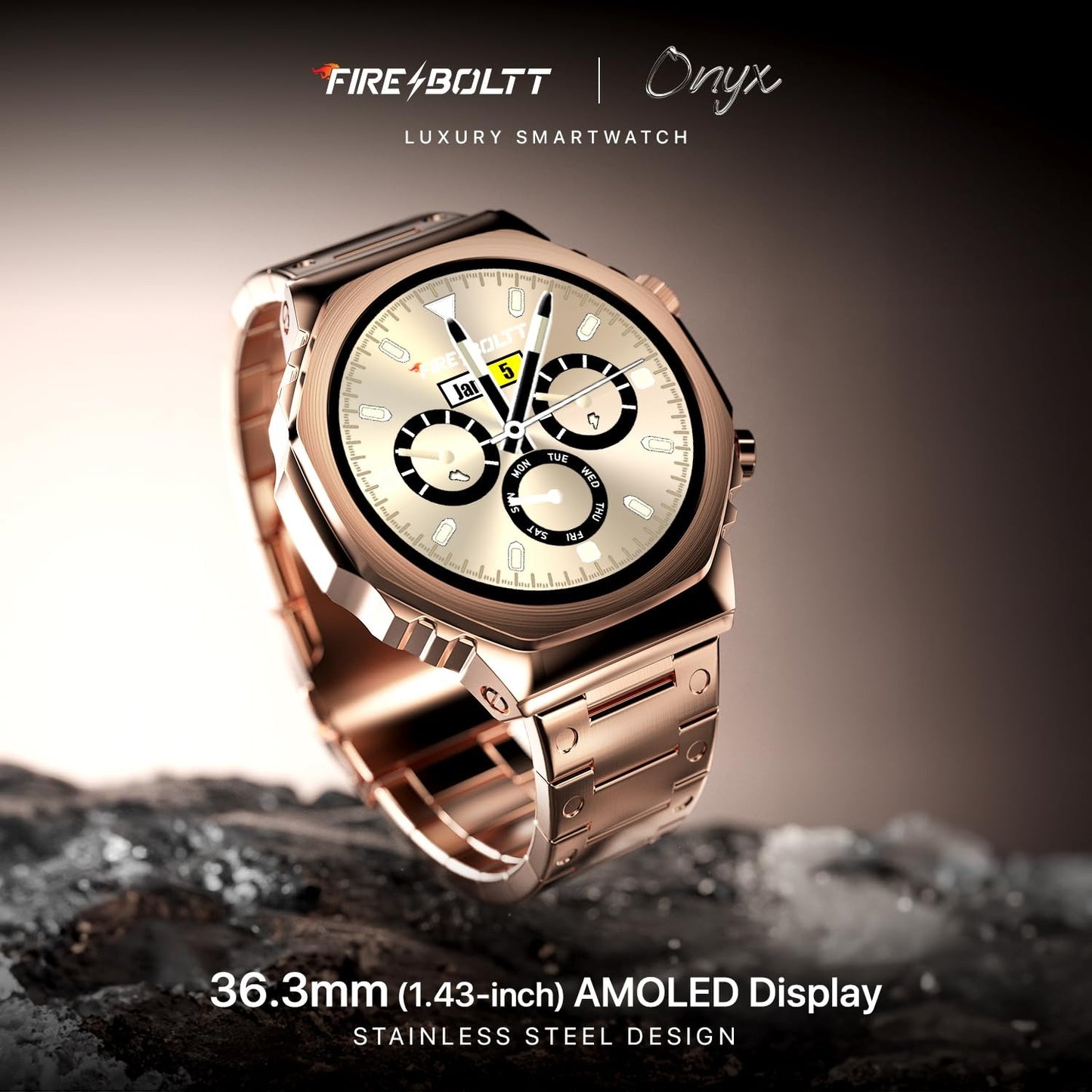 Fire-Boltt Onyx- 36.3mm AMOLED Always On Display Smart Watch, 466 * 466 High Resolution, Bluetooth Calling, Steel Design, IP67, 4GB Storage, 300+ Sports Modes, 130+ Watch Faces
