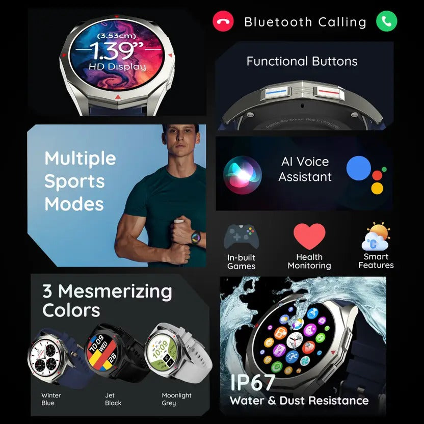 Pebble Rio 1.39 inch HD Display, Unique Polygonal Bezel Less Design, Premium Build Smartwatch
